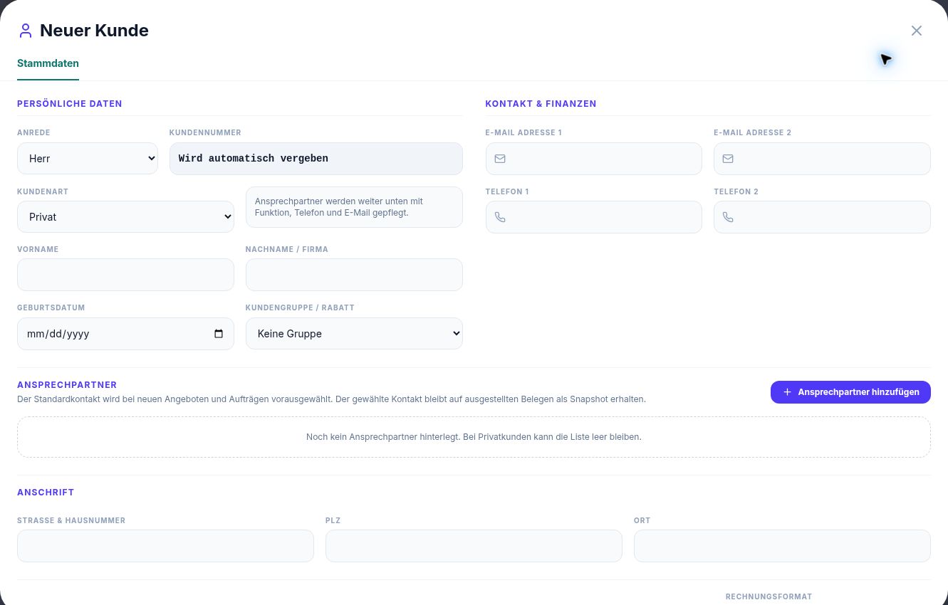 DoWo customer form with grouped master and contact fields