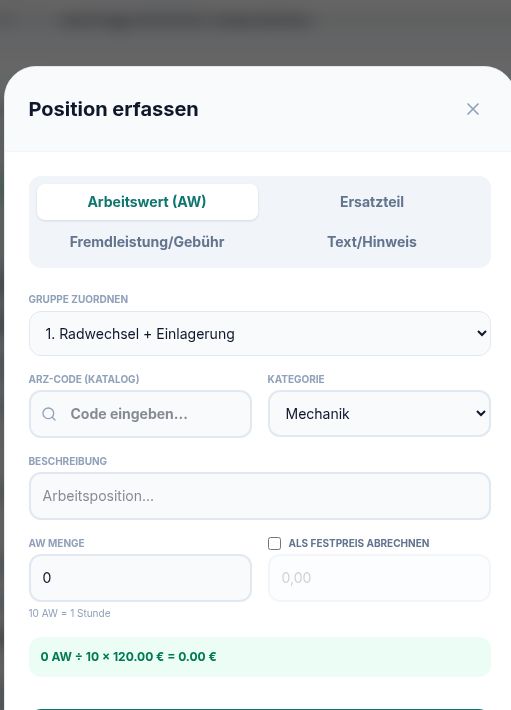 Dialog for entering a labour-value item in a workshop order